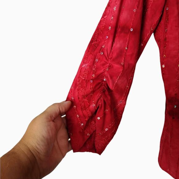 CATO Womens Red‎ Orange M Sequin Top Blouse Tie Dye Ruffle V-Neck Ruched Sleeves - Picture 5 of 8